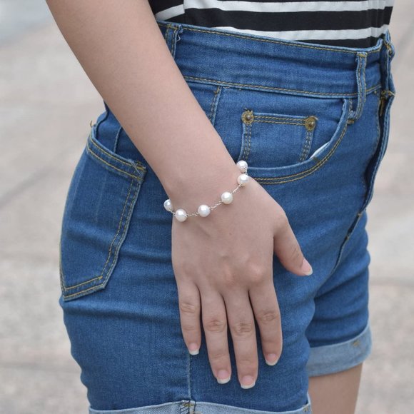 925 Sterling Silver Pearl Bracelet Station Bracele - Picture 3 of 6